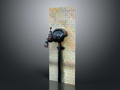 Vintage Faucet Installed On Ornate Patterned Tiled Wall Panel Design 3d model