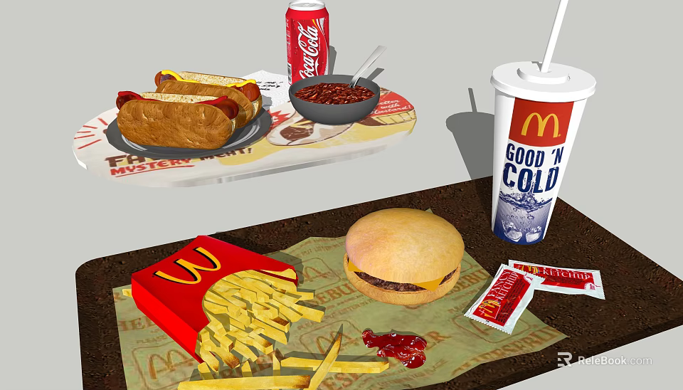 Fast Food Assortment Including Hamburger French Fries Coca Cola Hot Dogs And Ketchup Packets 3d model 