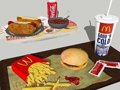 Fast Food Assortment Including Hamburger French Fries Coca Cola Hot Dogs And Ketchup Packets 3d model