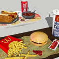 Fast Food Assortment Including Hamburger French Fries Coca Cola Hot Dogs And Ketchup Packets