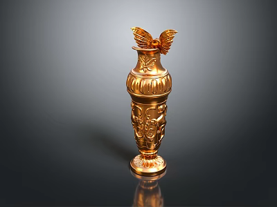 Golden Vase Shaped Sculpture With Intricate Carved Patterns And Wing Decorations 3d model