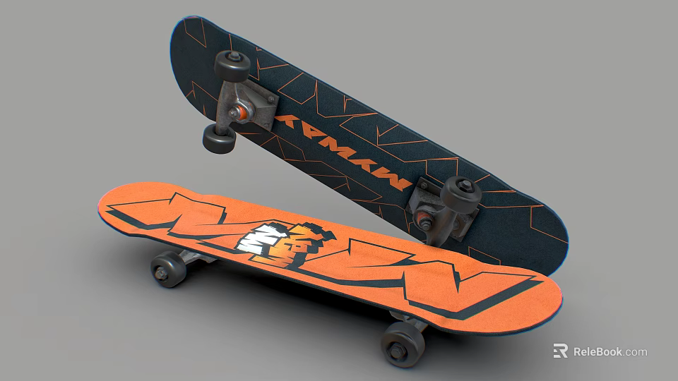 Two Skateboards With Orange Dark Graphics And Wheels 3d model 