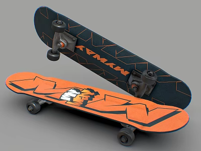 Two Skateboards With Orange Dark Graphics And Wheels 3d model