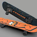 Two Skateboards With Orange Dark Graphics And Wheels