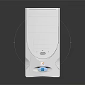 White Upright Household Appliance With Sleek Design And Blue Base Accent