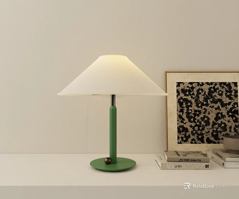 Modern Green Table Lamp With White Fabric Lampshade On Desk By Books And Artwork 3d model 