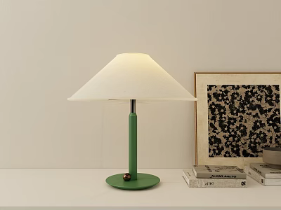 Modern Green Table Lamp With White Fabric Lampshade On Desk By Books And Artwork 3d model