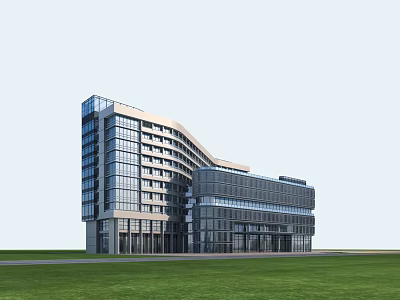 Modern Multi storey Office Building Exterior Featuring Glass Curtain Wall And Green Lawn 3d model