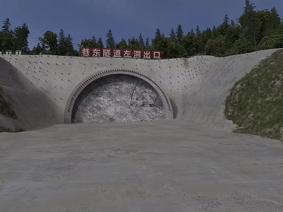 Unfinished Highway Tunnel Exit With Concrete Slope Surrounded By Lush Forest Under Clear Blue Sky 3d model