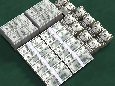 Large Amount of US Dollar Bills Stacked and Bundled on Green Surface 3d model