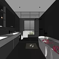 Modern Bathroom With Marble Double Sinks Large Mirrors And Bathtub With Rose Petals