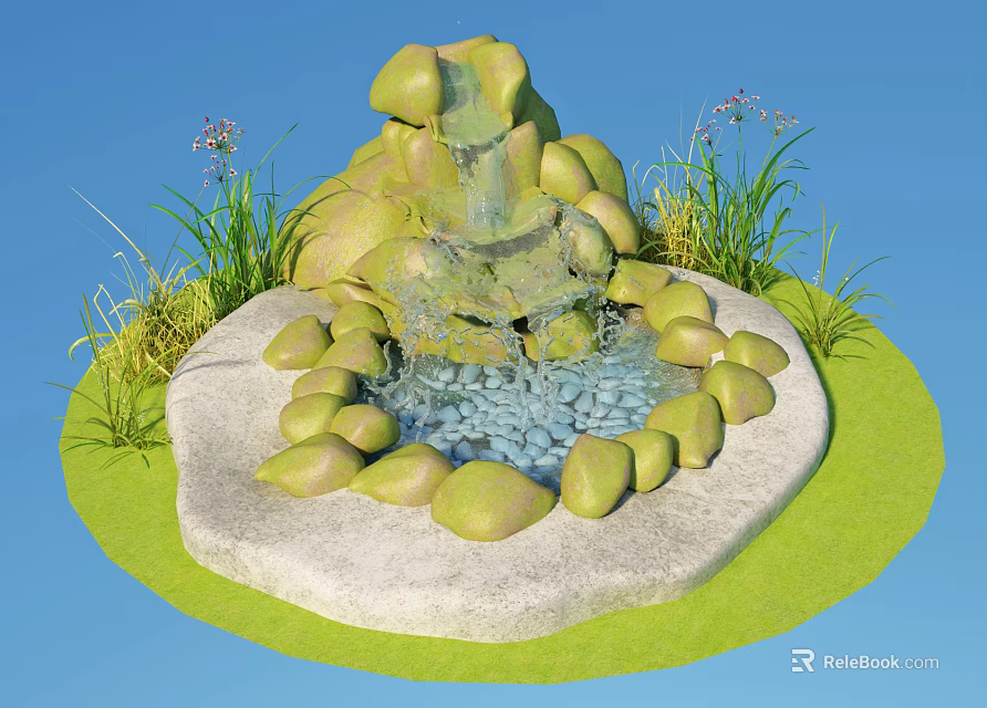 Garden Ornament Featuring Rockery With Small Waterfall Surrounding Stones Green Grass And Flowers 3d model 