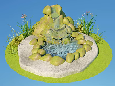 Garden Ornament Featuring Rockery With Small Waterfall Surrounding Stones Green Grass And Flowers 3d model