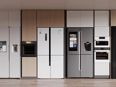 Modern Kitchen Interior With Refrigerator Oven Microwave Appliances And Cabinets 3d model