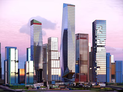 Modern Tall Office Buildings With Glass Facade And Urban Sunset Skyline 3d model