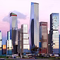 Modern Tall Office Buildings With Glass Facade And Urban Sunset Skyline