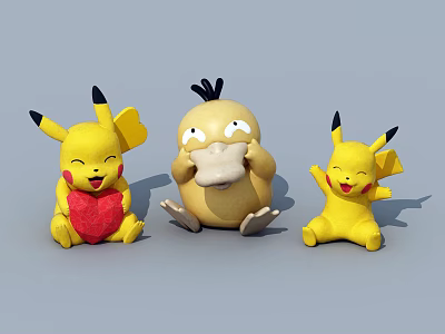 Three Cute Yellow Plush Toys Including Pikachu Holding Red Heart And Waving Designs 3d model