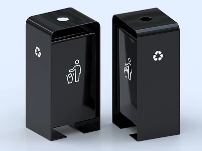 Black Metal Trash Bins With Recycling Symbol And Waste Disposal Icons For Office Waste Management 3d model