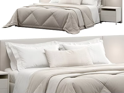 Modern Double Bed Interior With Beige Quilt White Pillows And Nightstand 3d model