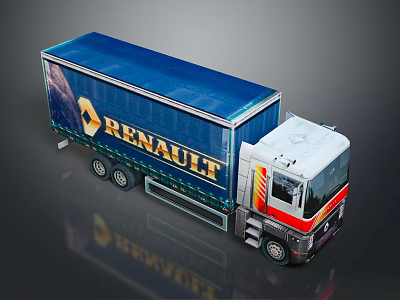 Renault Commercial Truck With Blue Container White Cab And Red Stripes 3d model