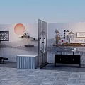 Traditional Chinese Courtyard With Gray Walls Red Circular Ornament Screens And Stone Pavement