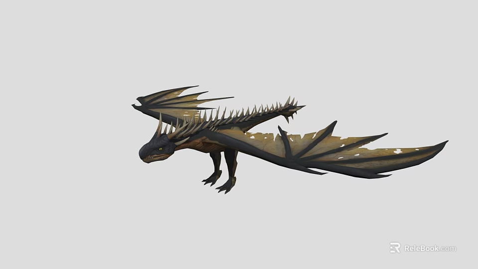 Black Mythical Dragon With Spiked Wings Flying In Mid Air 3d model 