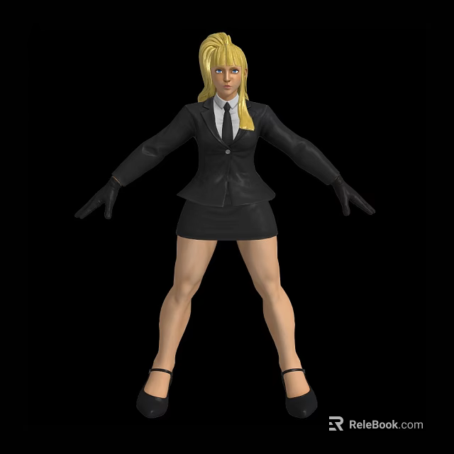 Blonde woman in black suit and short skirt wearing black gloves against black background 3d model 