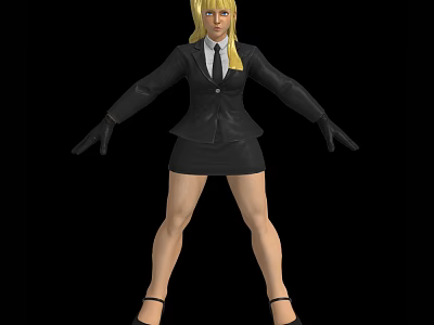 Blonde woman in black suit and short skirt wearing black gloves against black background 3d model