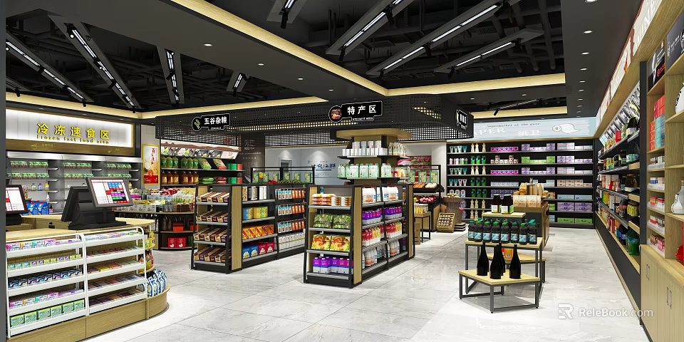 Supermarket Interior Layout With Organized Shelves Various Products Specialty Sections And Bright Lighting 3d model 