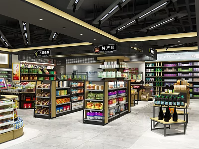 Supermarket Interior Layout With Organized Shelves Various Products Specialty Sections And Bright Lighting 3d model