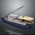 Blue Luxury Yacht With Upper Deck White Canopy Windows And Railings