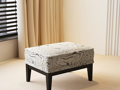 Gray White Marbled Pattern Footstool With Black Legs In Beige Curtain Light Carpet Room 3d model