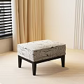 Gray White Marbled Pattern Footstool With Black Legs In Beige Curtain Light Carpet Room