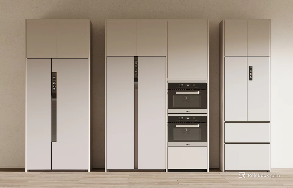 Built in White Refrigerator Freezer with Kitchen Cabinets and Oven Appliances 3d model 
