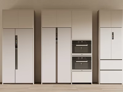 Built in White Refrigerator Freezer with Kitchen Cabinets and Oven Appliances 3d model