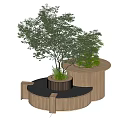 Modern Wooden Plant Decor With Black Circular Platforms And Potted Trees