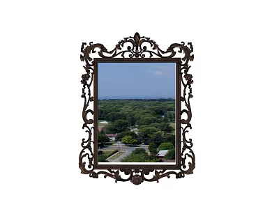 Decorative Intricate Carved Frame Mirror Reflecting Green Trees And Road View 3d model