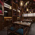 Cozy Japanese Restaurant Interior With Wooden Fixtures Kumamon Decor And Beautiful City Night View