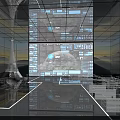 High Tech Control Room With Multiple Screens Earth Image Glass Walls And Reflective Floor