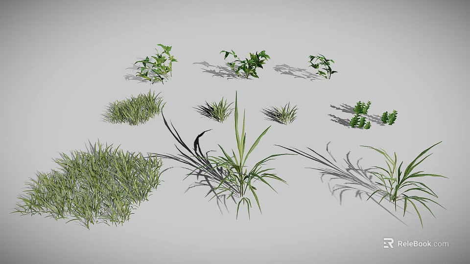 Various Green Plants Including Grass Shrubs and Leafy Sprouts Arranged on Gray Background 3d model 