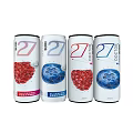 27 Beverage Cans Displaying Strawberry Blueberry Flavors Colorful Spherical Patterns in Row on White Background