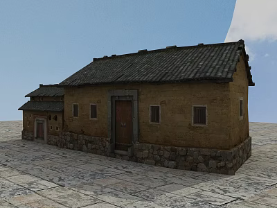 Traditional Ancient Building Featuring Tile Roof Brick Walls And Wooden Doors 3d model