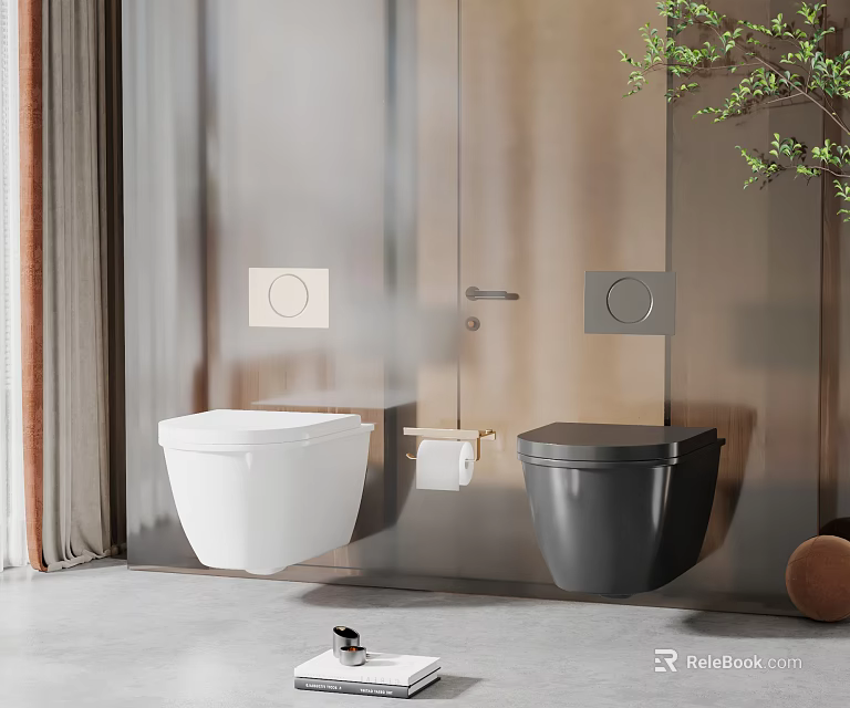Modern Bathroom Featuring Wall Mounted White And Black Toilets With Sleek Design 3d model 