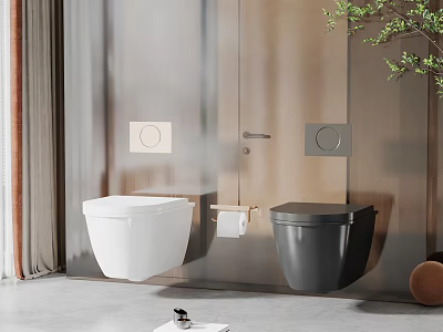 Modern Bathroom Featuring Wall Mounted White And Black Toilets With Sleek Design 3d model