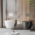 Modern Bathroom Featuring Wall Mounted White And Black Toilets With Sleek Design