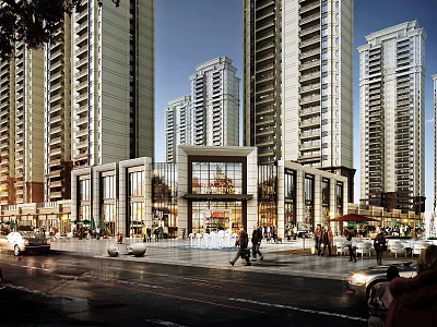 Vibrant Commercial Street Urban Scene With High rise Buildings Pedestrians Shops And Vehicles 3d model