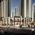 Vibrant Commercial Street Urban Scene With High rise Buildings Pedestrians Shops And Vehicles