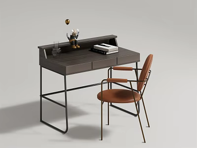 Modern Wooden Desk With Metal Frame Leather Chair Books And Decorative Items 3d model