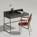 Modern Wooden Desk With Metal Frame Leather Chair Books And Decorative Items
