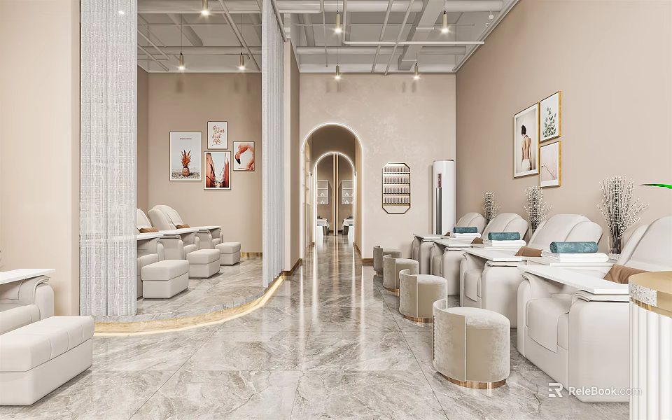 Modern Beauty Hair Salon Spacious Interior With Marble Flooring Arched Doorway And Beauty Workstations 3d model 
